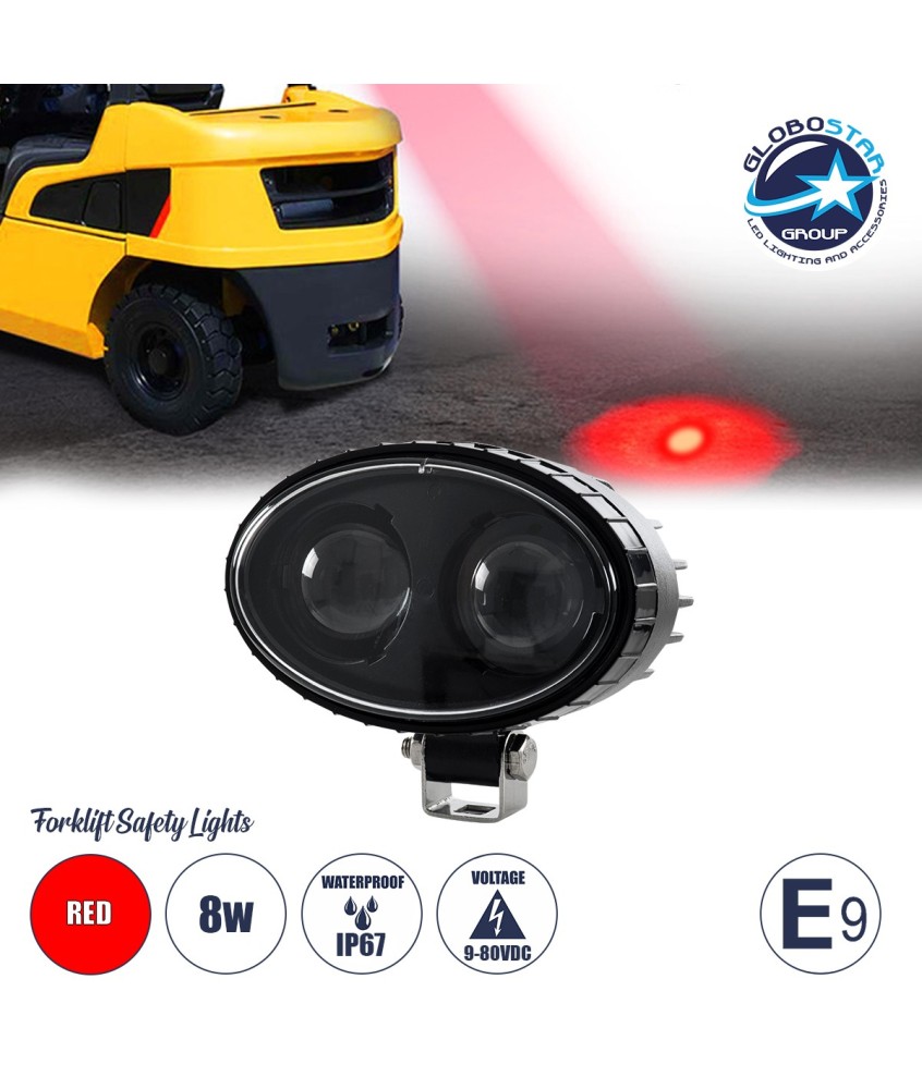 GloboStar® 85424 E9 Mark Forklift Safety Lights - Φώτα Προειδοποίησης & Διαγράμμισης Ασφαλείας για Περονοφόρα - Κλάρκ LED 8W DC 9-80V Αδιάβροχο IP67 Κόκκινο Μ14.5 x Π11.5 x Υ8cm
